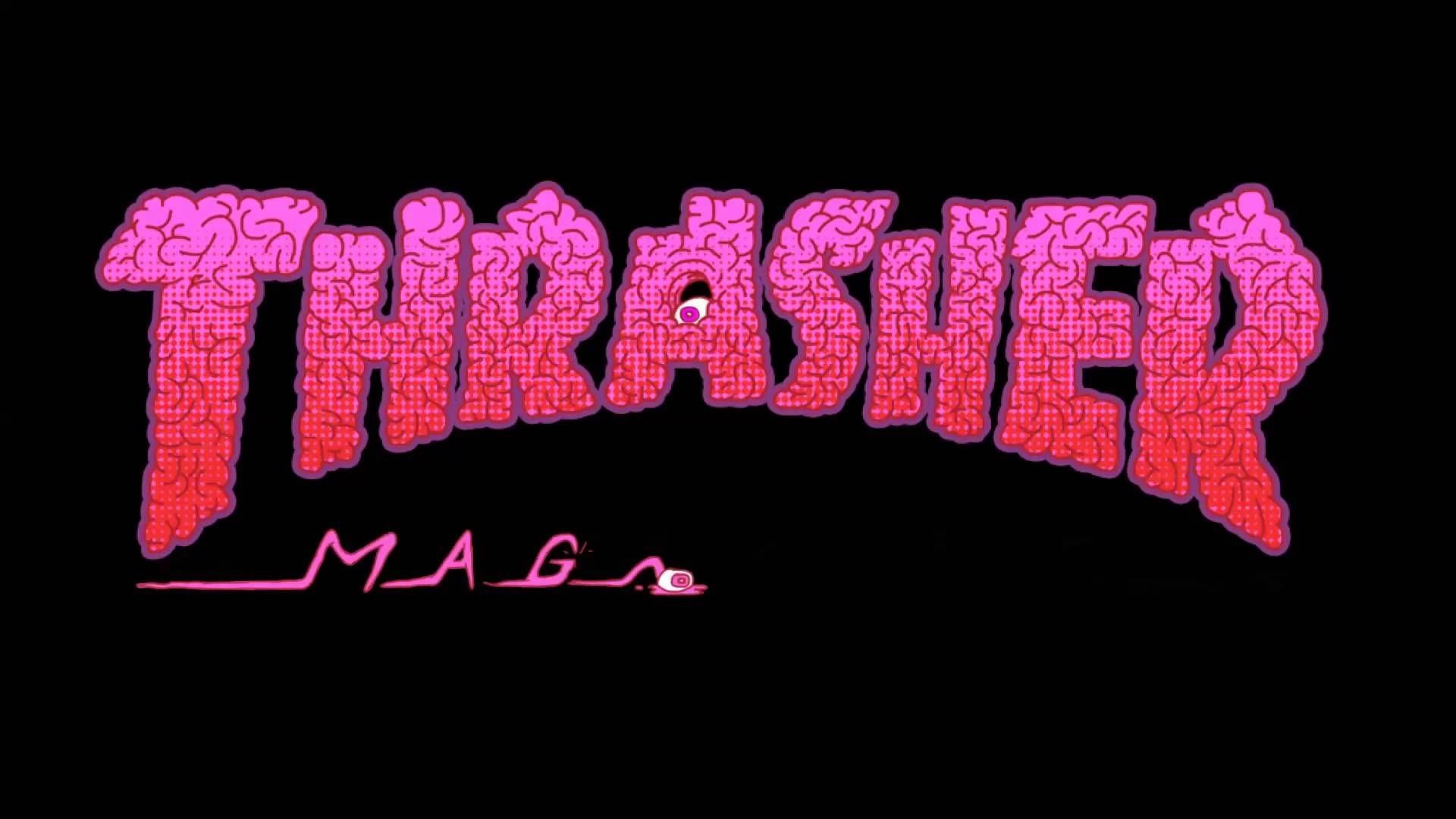 Thrasher Skateboarding Magazine's logo in pink on a black background - Baddie