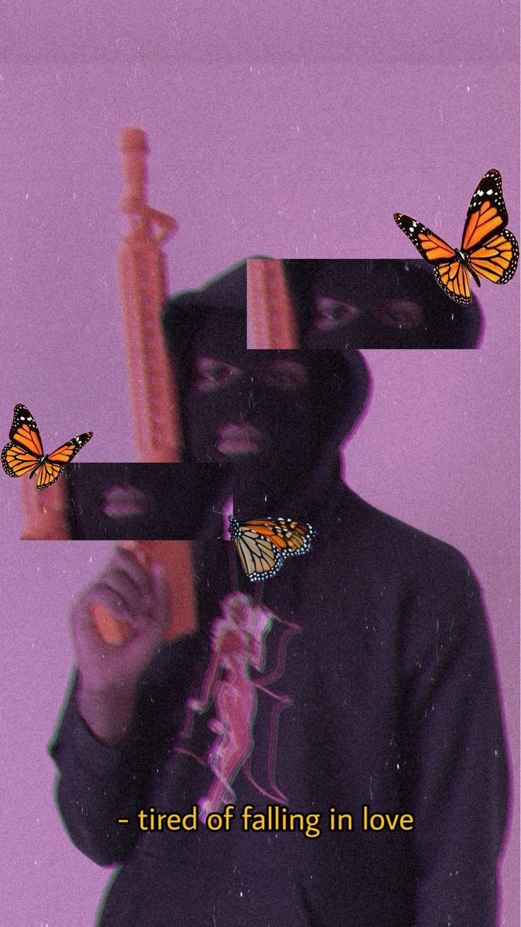 Aesthetic background of a man with a mask holding a knife with butterfly graphics. - Baddie