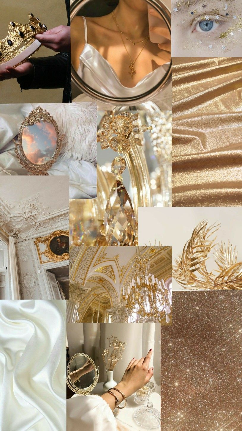 A collage of pictures with gold and silver - White, gold