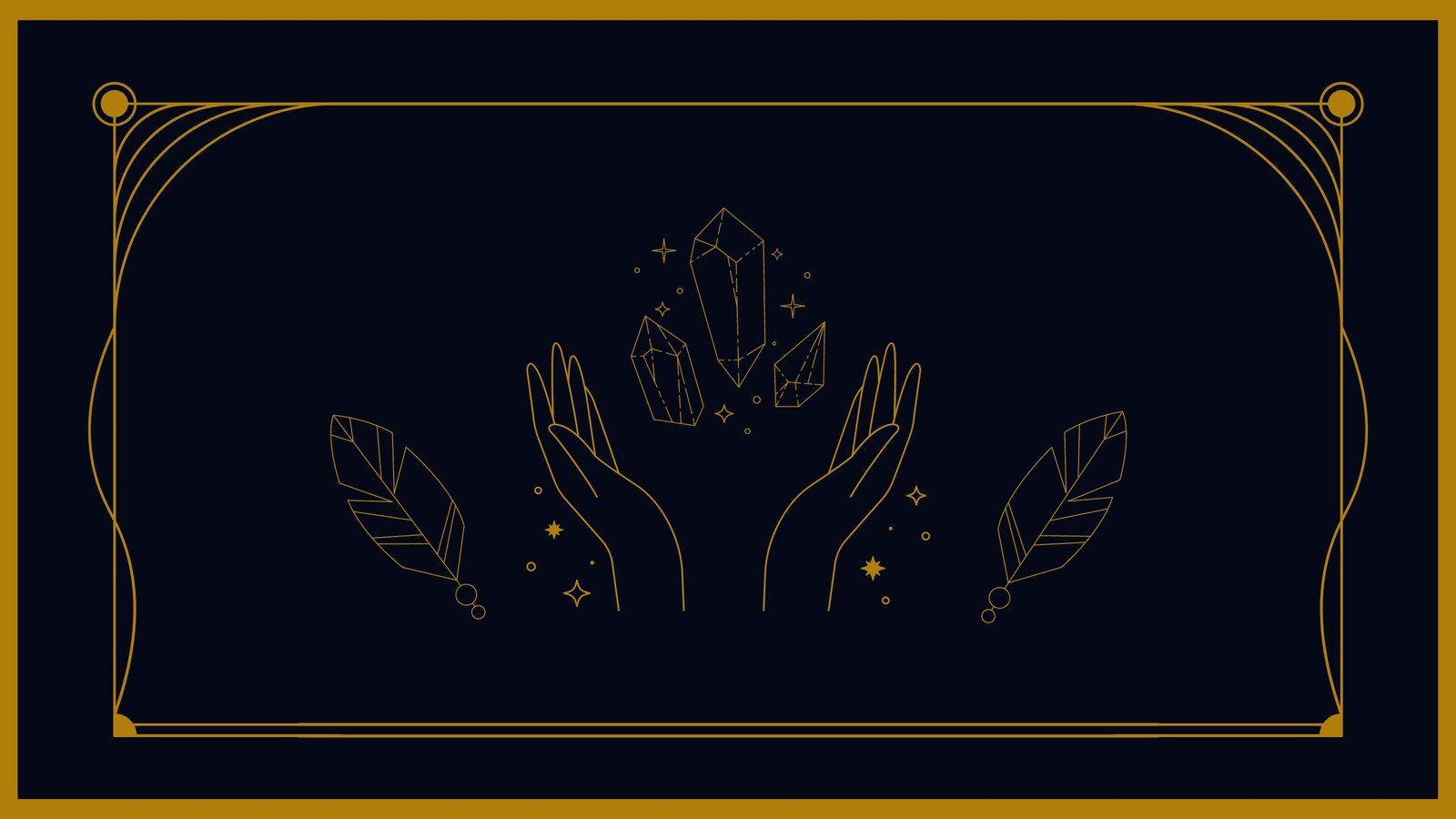 A gold and black graphic of hands holding a crystal - Gold