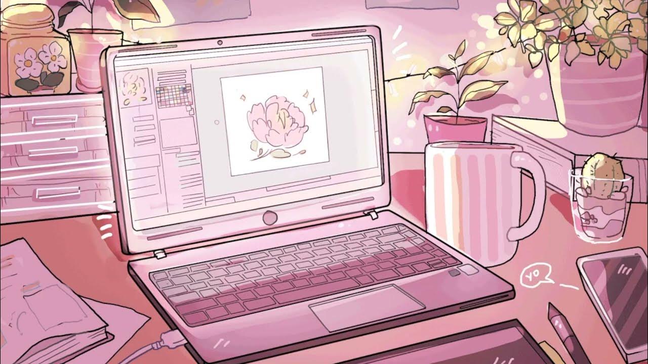 A laptop on a desk with a pink background - Music