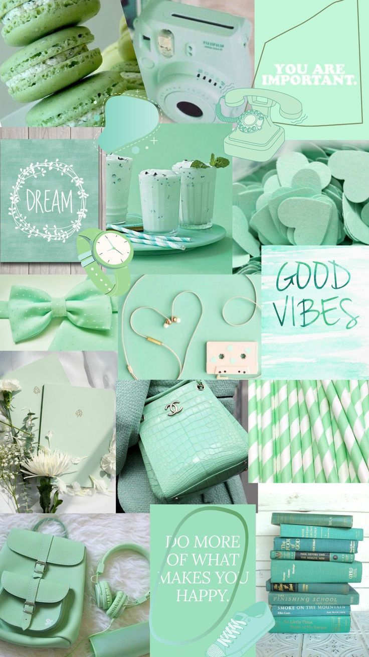 A collage of pictures with green and white - Mint green, green, pastel green