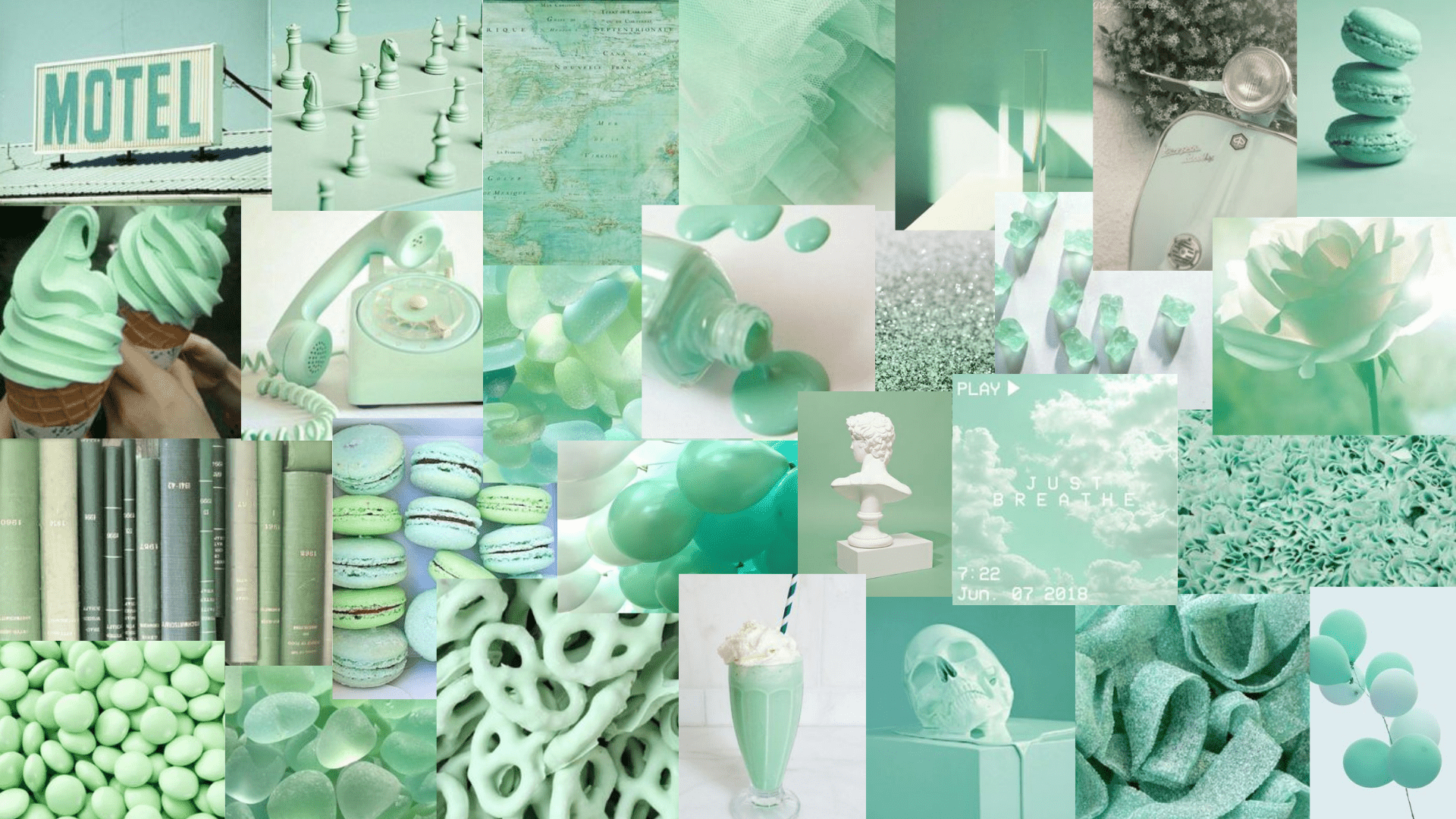 A collage of pictures with green and white colors - Mint green, green, light green, pastel green, cyan