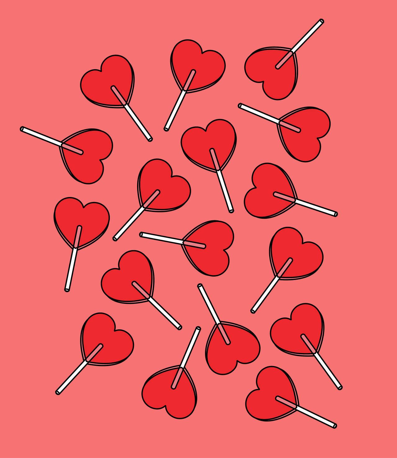 A pattern of red heart-shaped lollipops on a pink background - Valentine's Day, candy