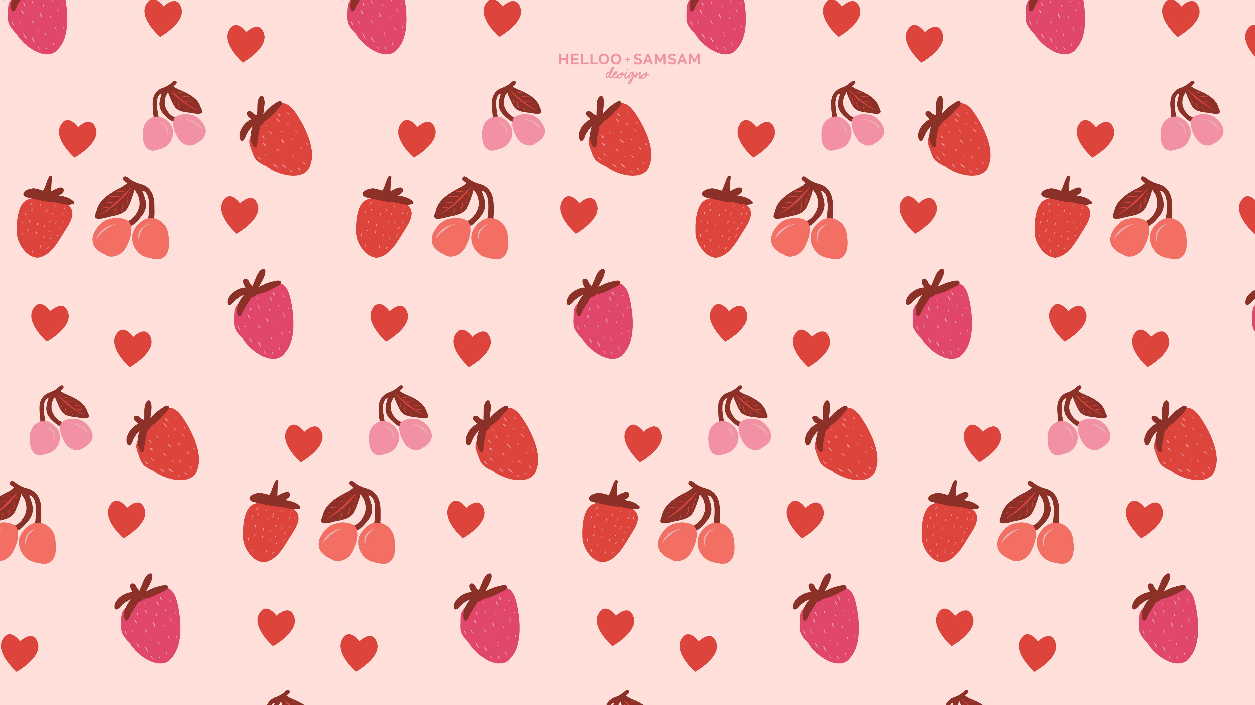 A pink background with strawberries, cherries and hearts. - Valentine's Day