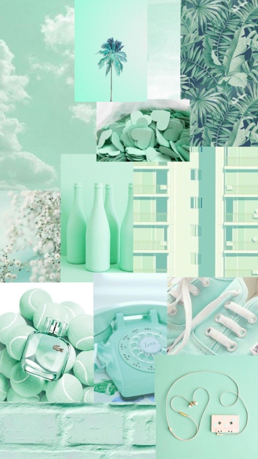 A collage of various mint green items including a phone, bottle, and a pair of shoes. - Mint green, pastel green