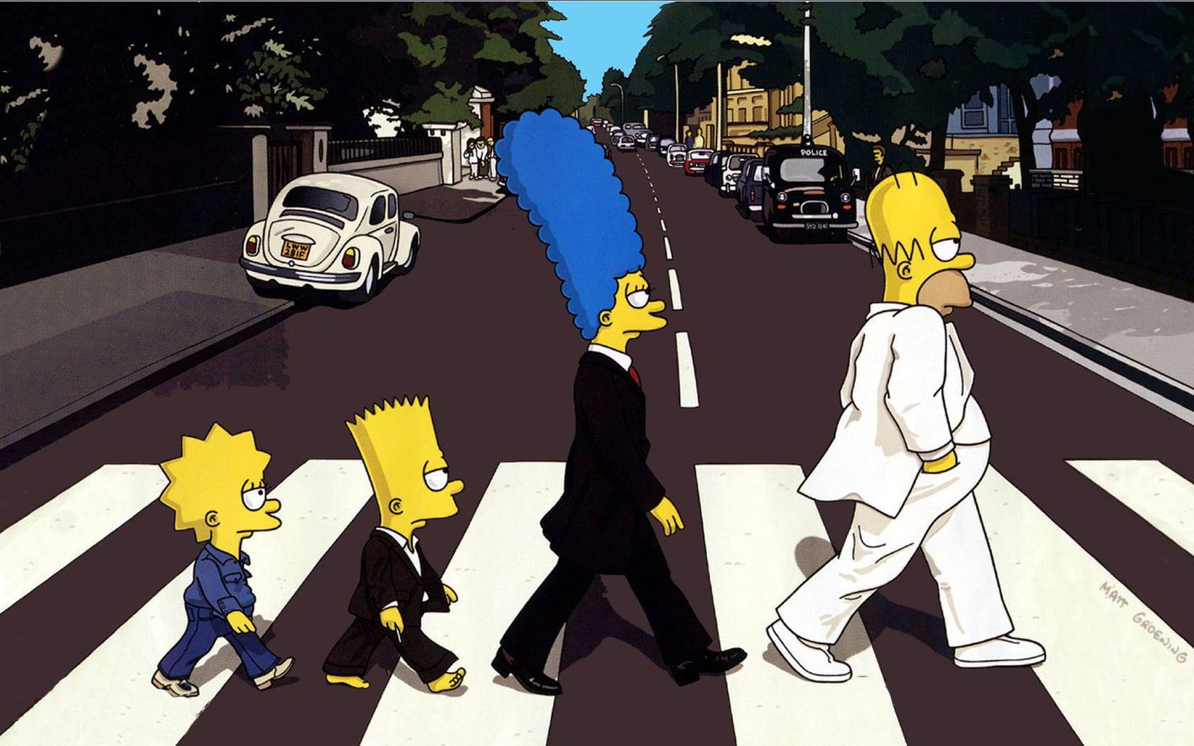 The Simpsons crossing a zebra crossing in a scene similar to the Beatles' album cover for 'Abbey Road'. - The Simpsons