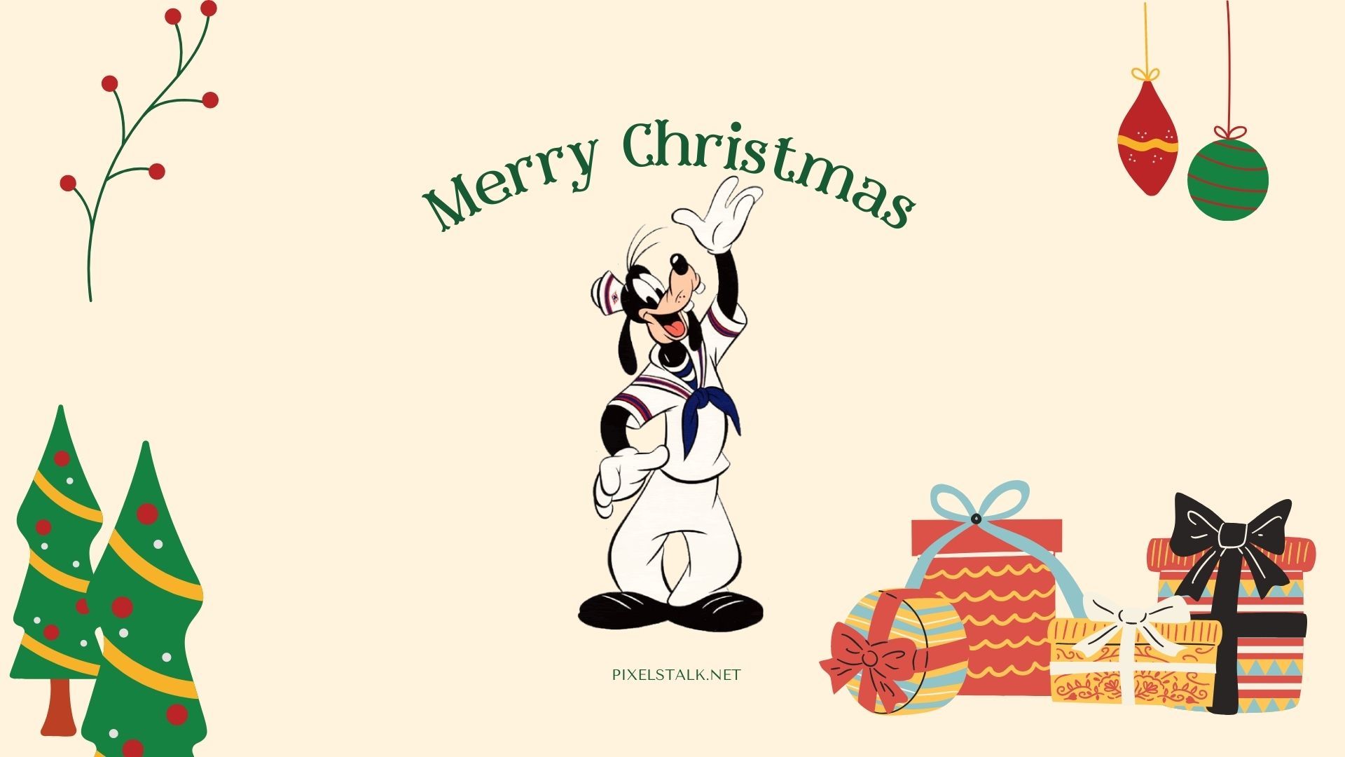 Goofy in a sailor suit waving with a Merry Christmas message - Disney