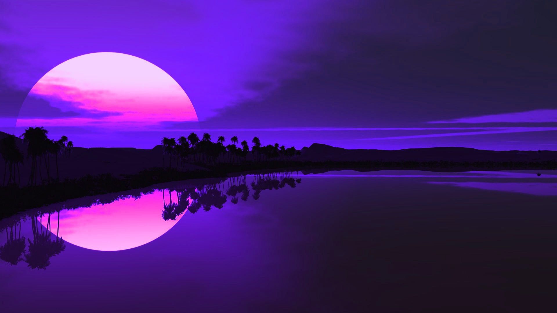 A beautiful purple sunset with a pink moon rising over a tropical island - Sunset