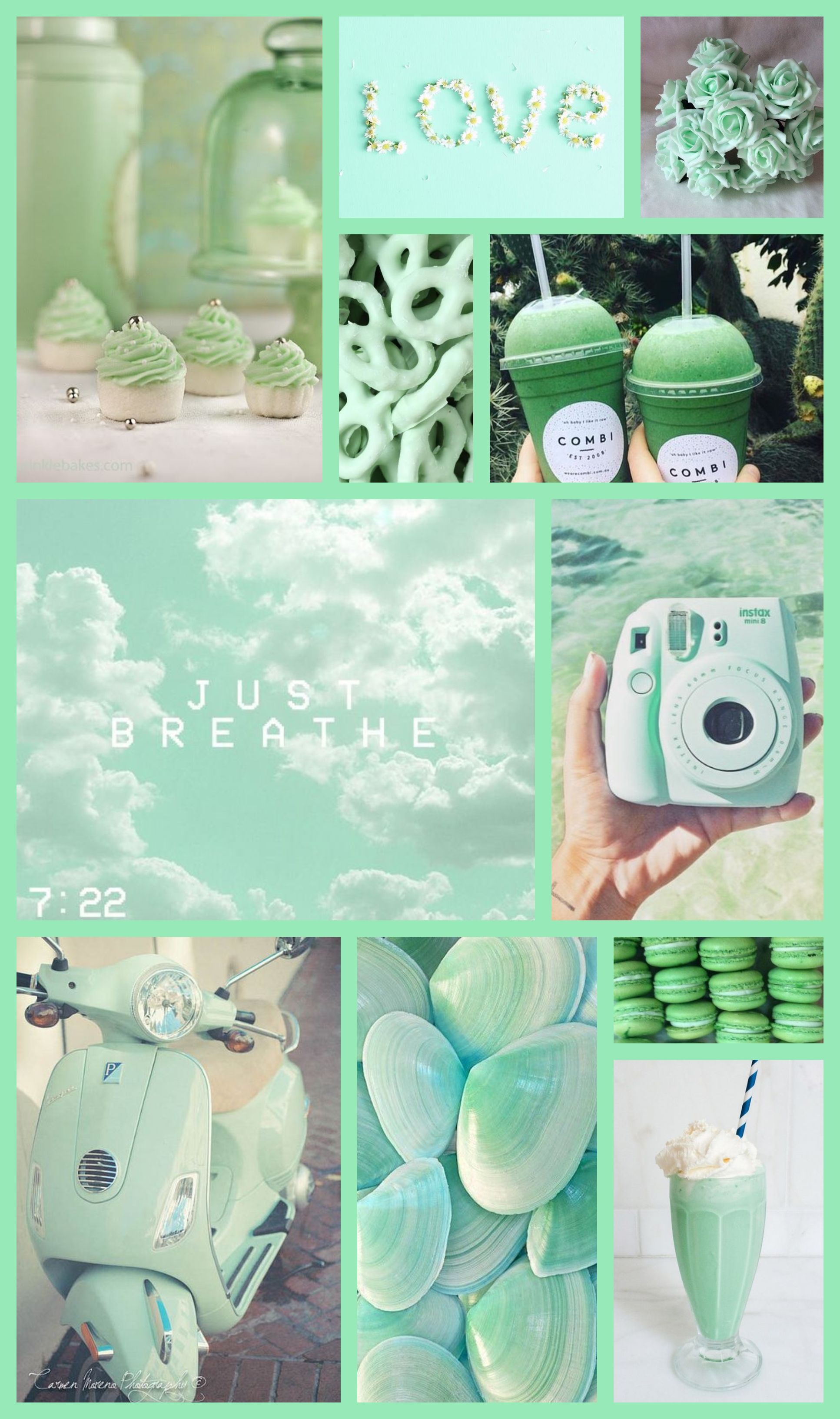 A collage of pictures with green and white - Mint green