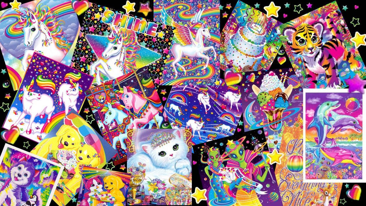 A collection of Lisa Frank illustrations including unicorns, cats, and rainbows. - Kidcore