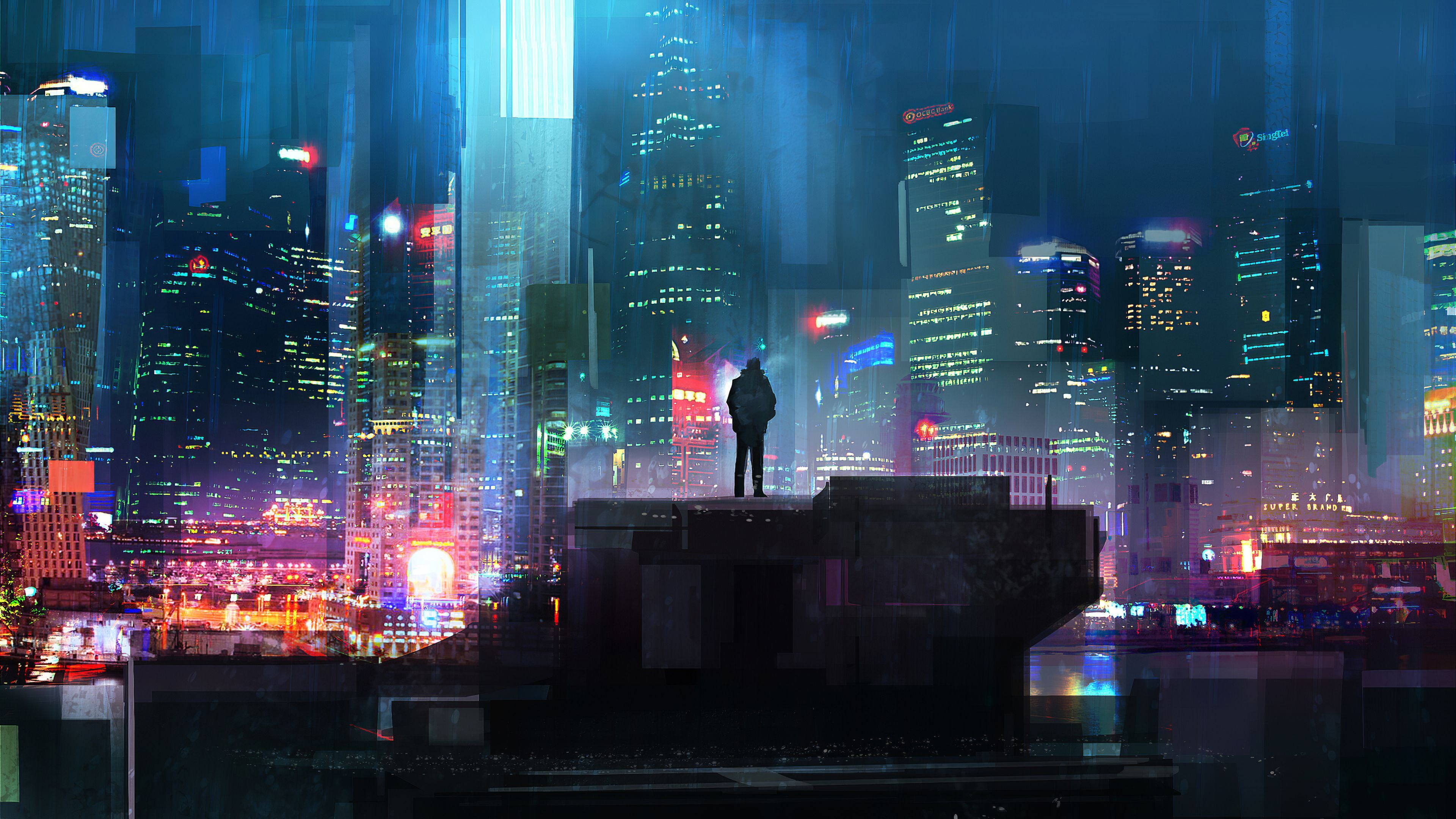 A person standing on a building looking at the city - Cyberpunk