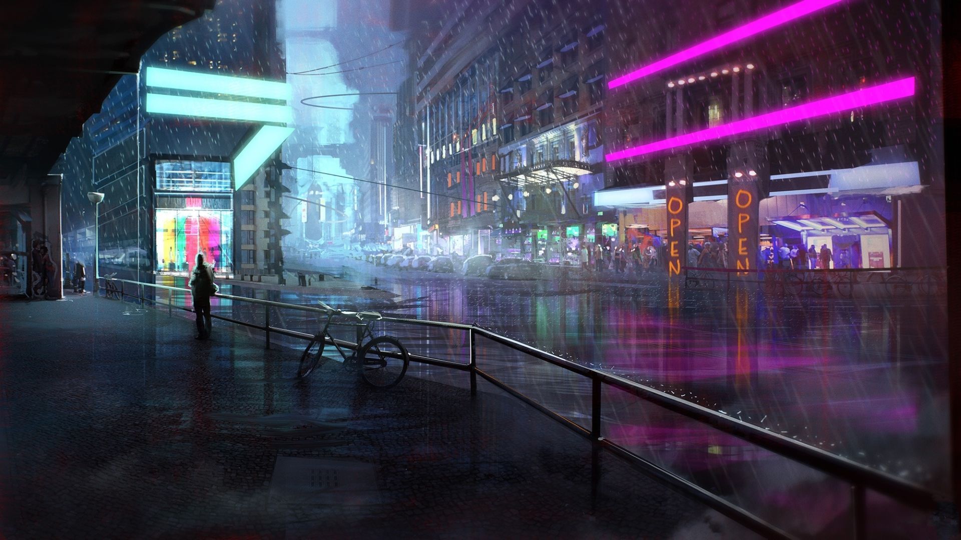 A painting of an empty city street - Cyberpunk