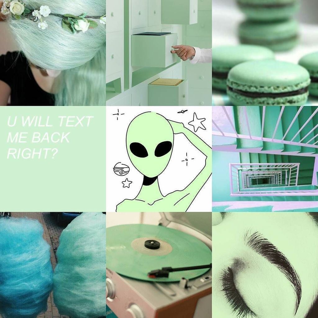 A collage of different images including aliens, macarons, and text. - Mint green, light green, pastel green