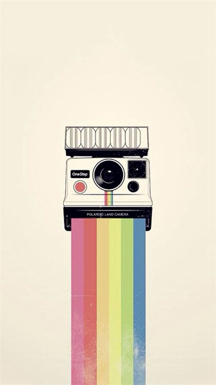 IPhone wallpaper of a Polaroid camera with rainbow film - Colorful