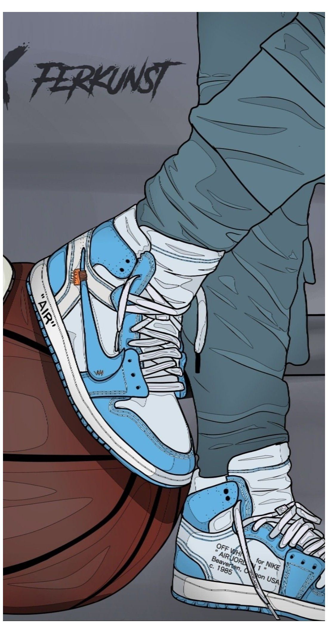 Artwork of a person wearing blue Nike sneakers with white laces and white socks. - Shoes