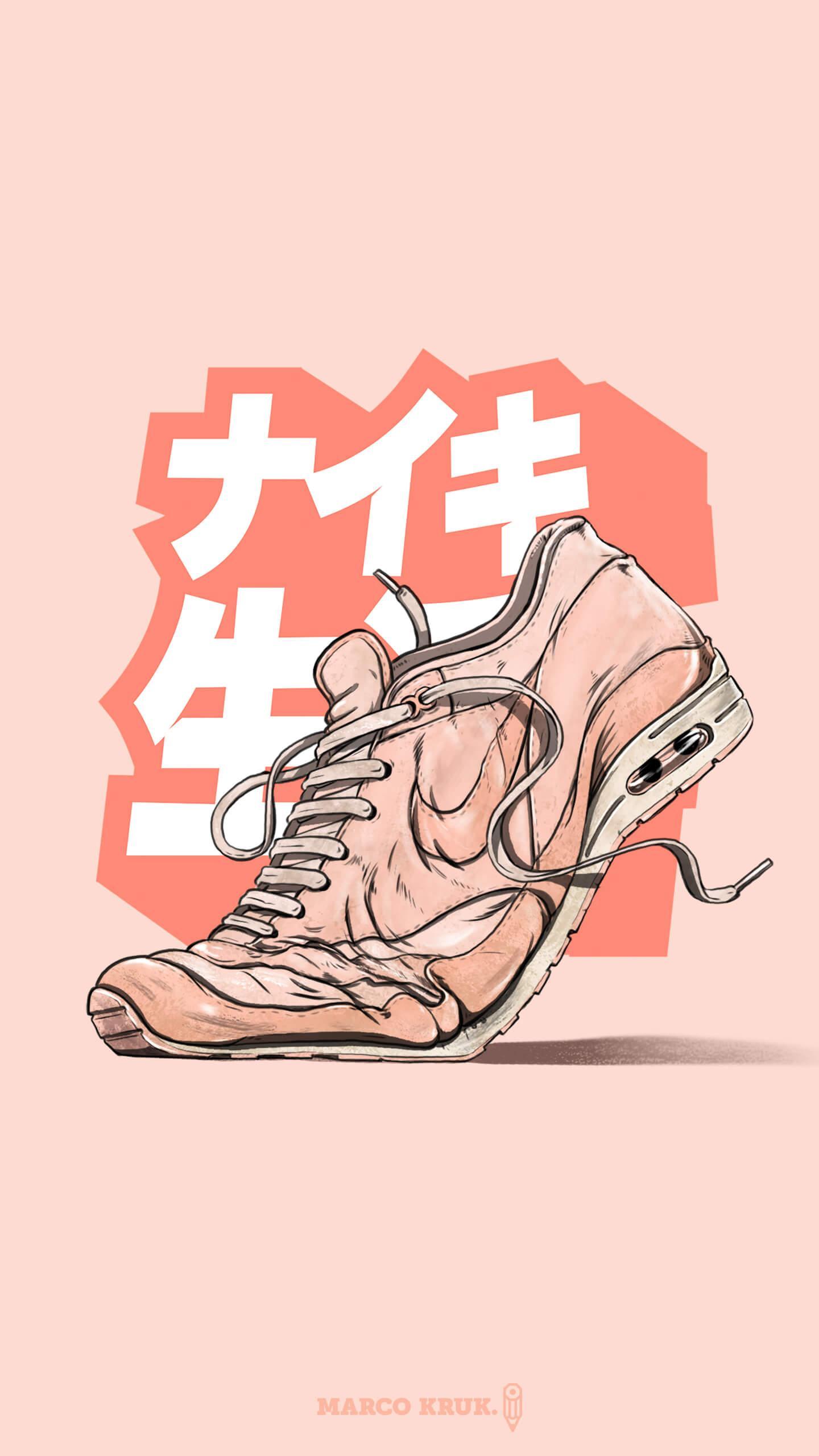 Marco Kruk's Nike Air Max 90 iPhone wallpaper. The shoe is pink and white and the background is a light pink color. There is a white Nike logo on the shoe and the words 