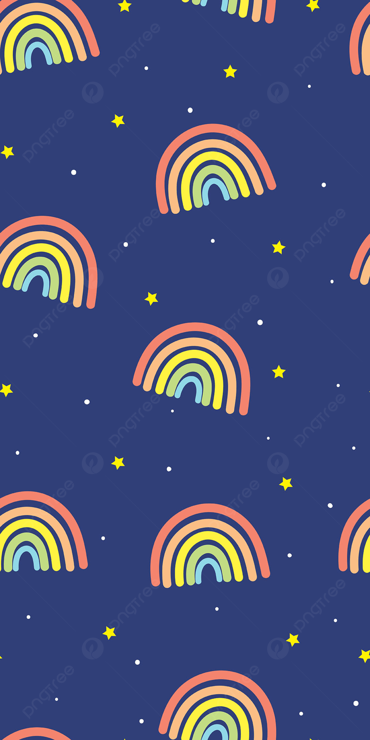 A blue background with hand drawn rainbows and yellow stars - Rainbows