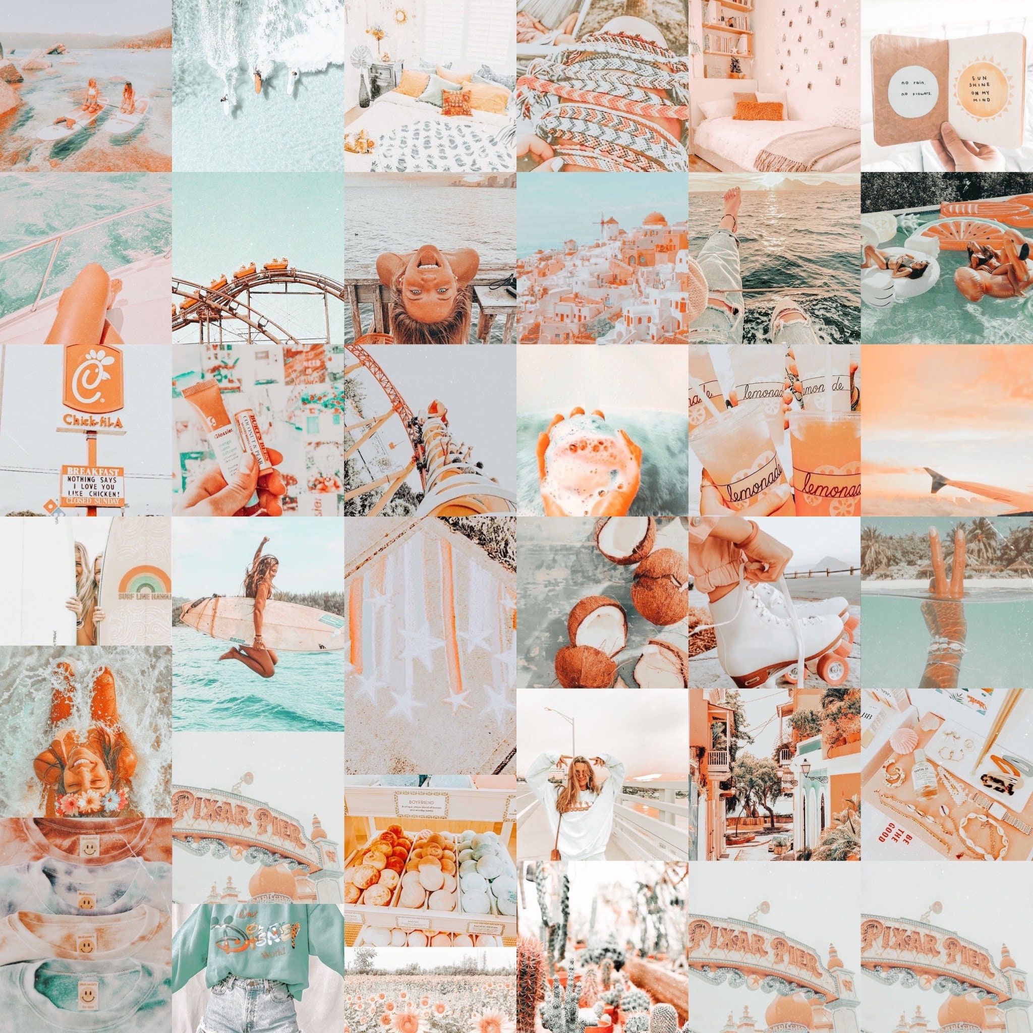 A collage of photos in a peach and blue aesthetic. - VSCO, teal
