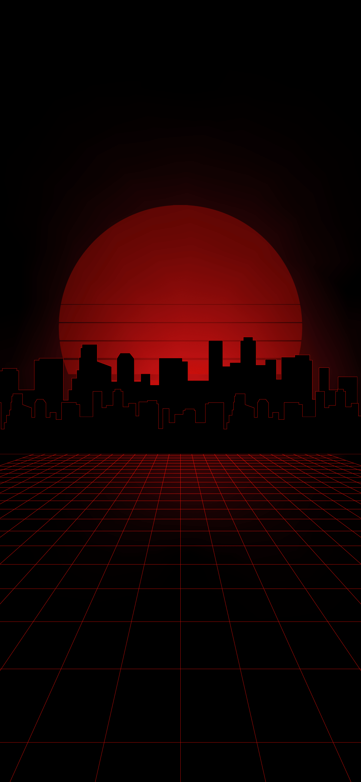 Aesthetic wallpaper of a cityscape with a red sun in the background - Vaporwave, synthwave