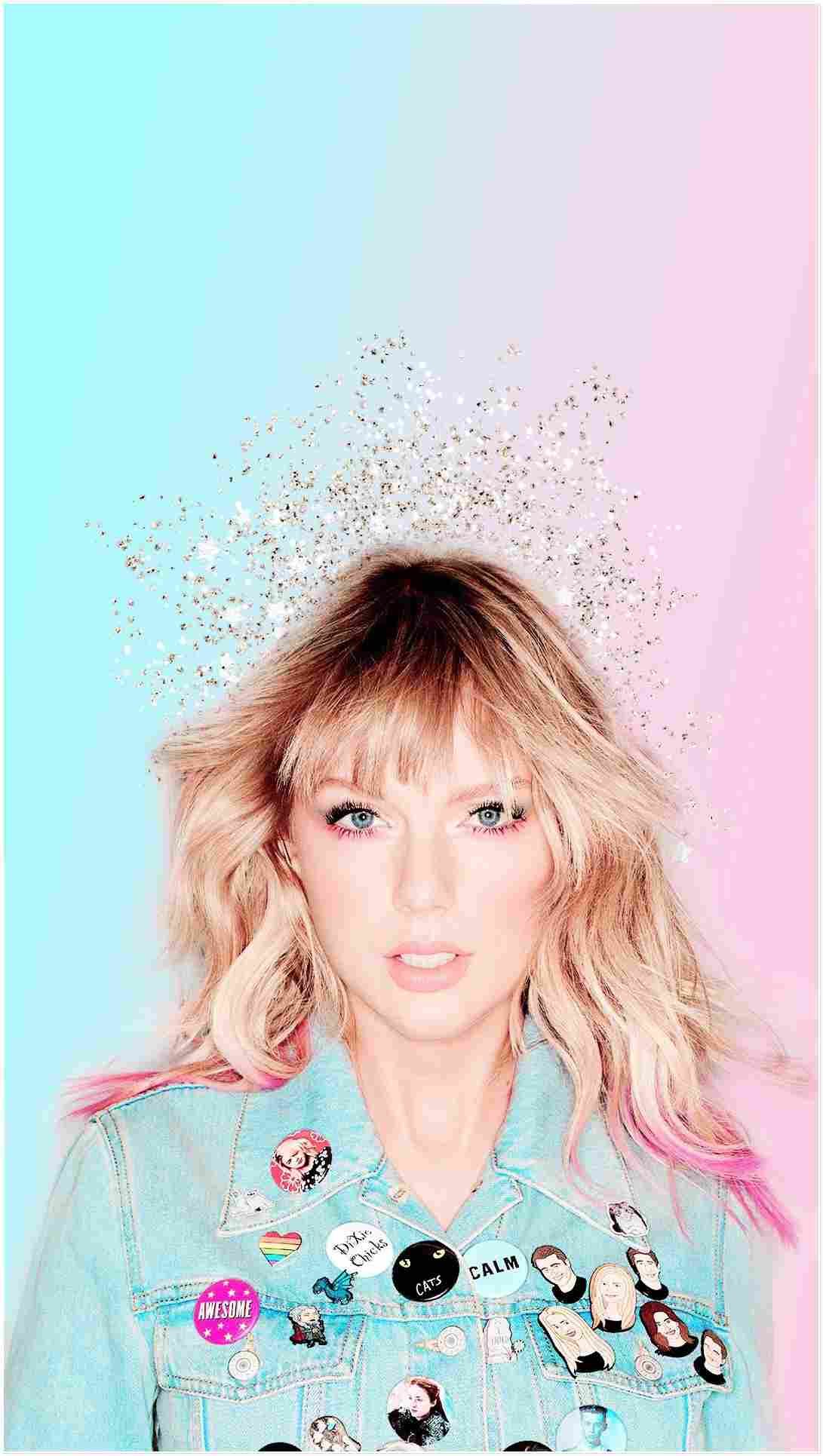Taylor swift is wearing a denim jacket with pink hair and sparkly crown - Taylor Swift