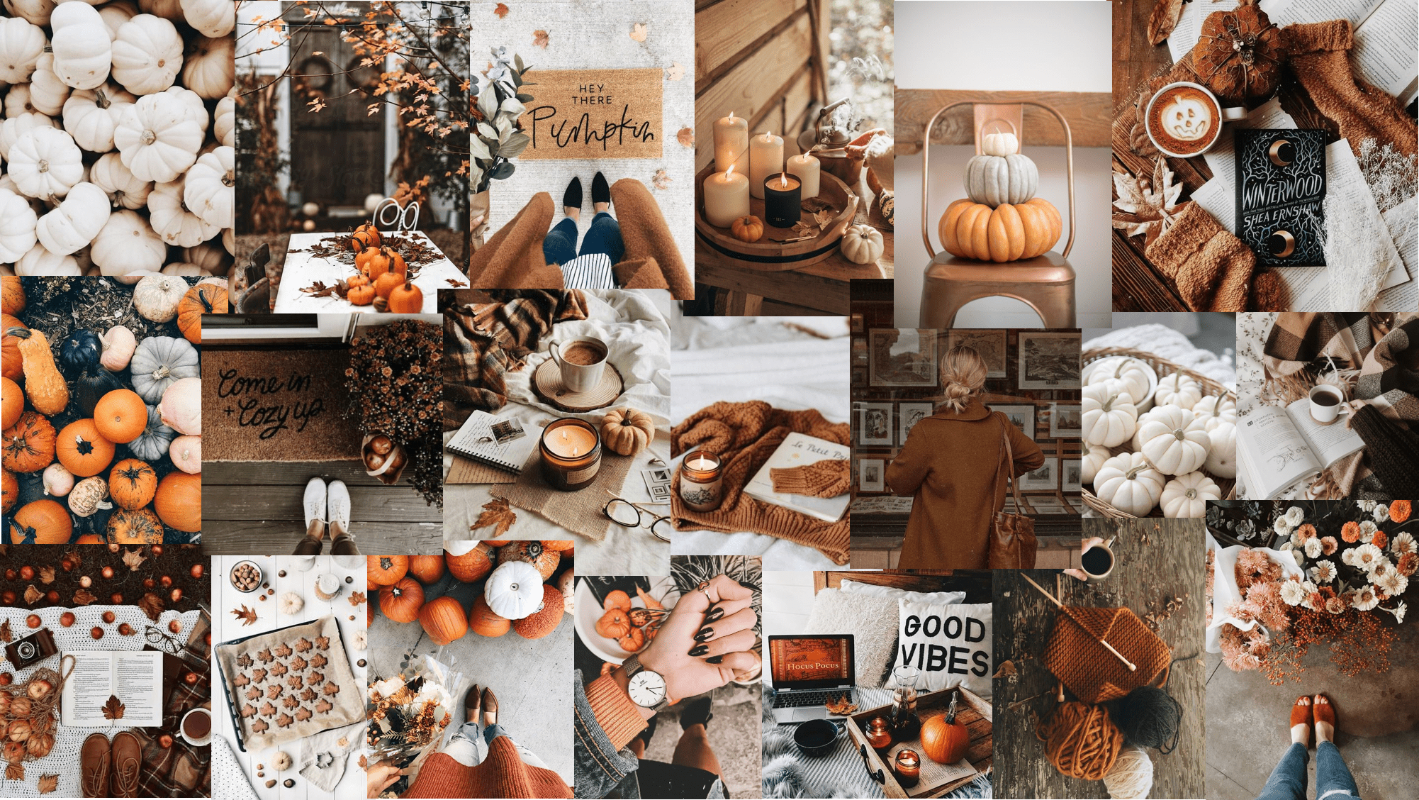 A collage of pictures with fall decorations - Cozy