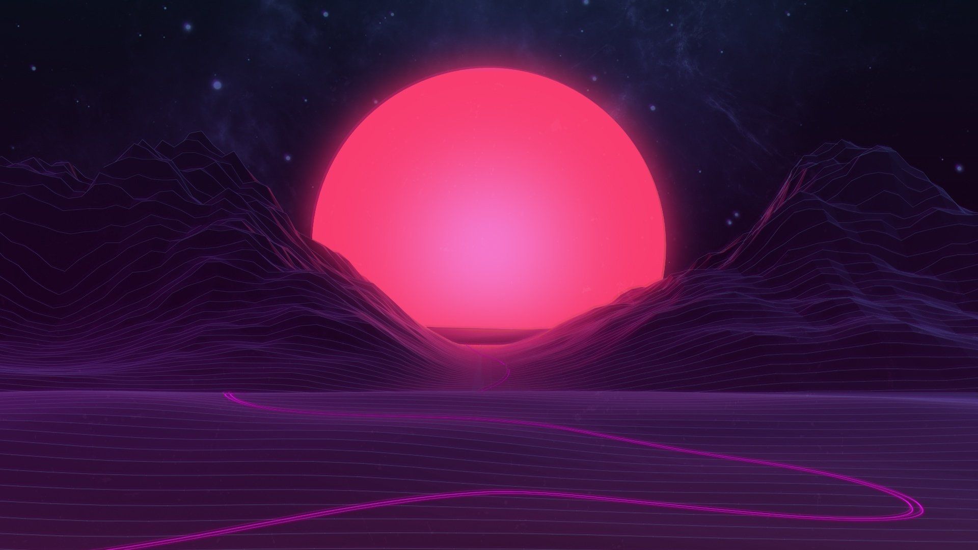 A pink and purple sunset over a grid landscape - Neon purple, clean