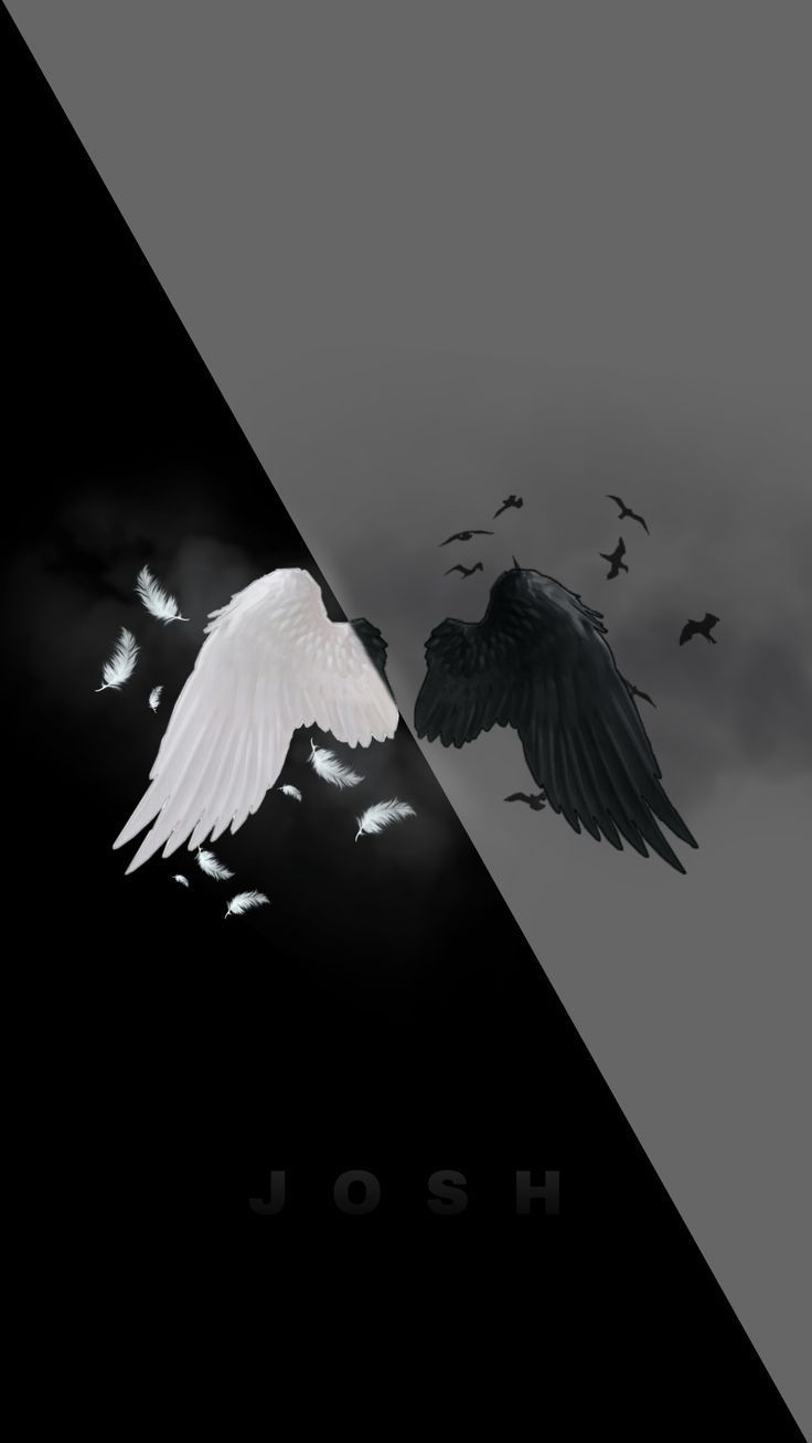 Black and white wings on a dark background with the name Josh written in white - Angels, wings