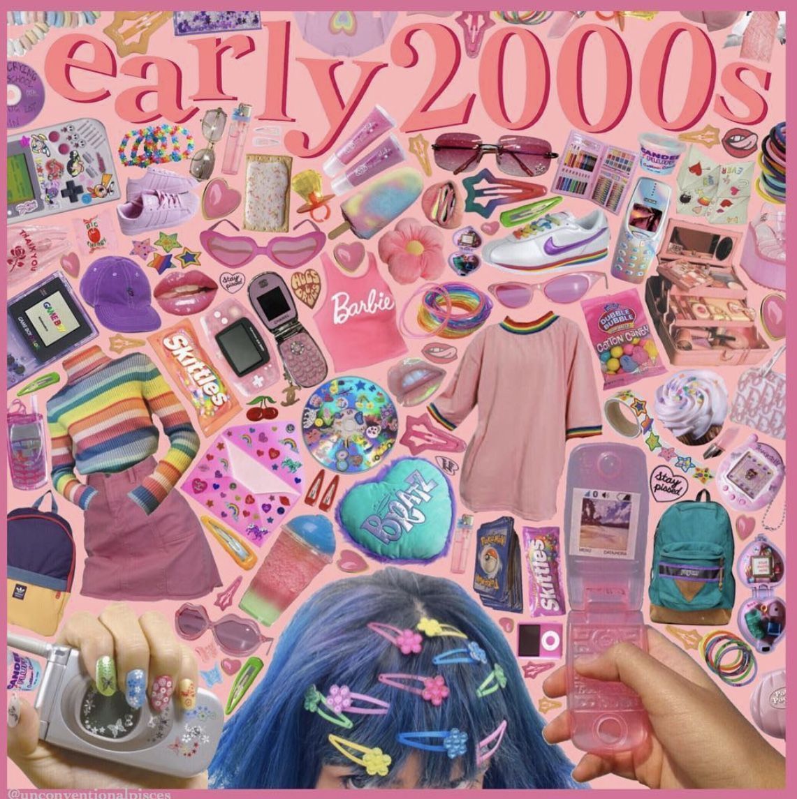 A collage of early 2000s items including a barbie, hair clips, a pink shirt, and a cell phone. - 2000s