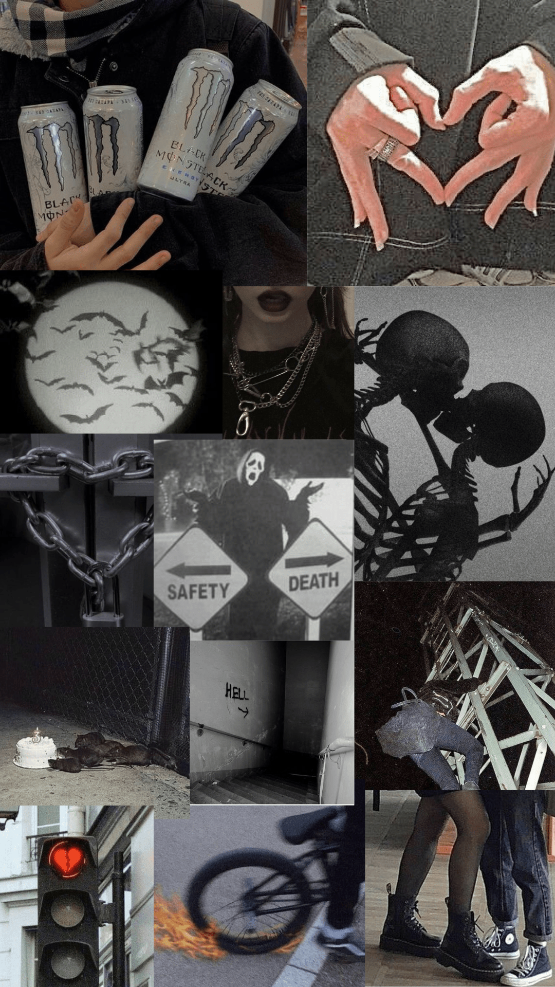 Aesthetic collage of black and white photos, including a skeleton, a stoplight, and a couple holding hands. - Grunge, gray