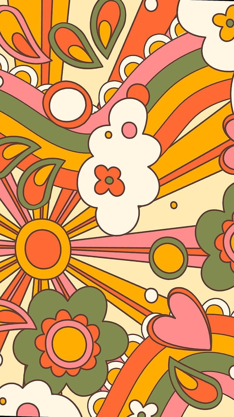 A colorful, psychedelic pattern with flowers and hearts - 70s