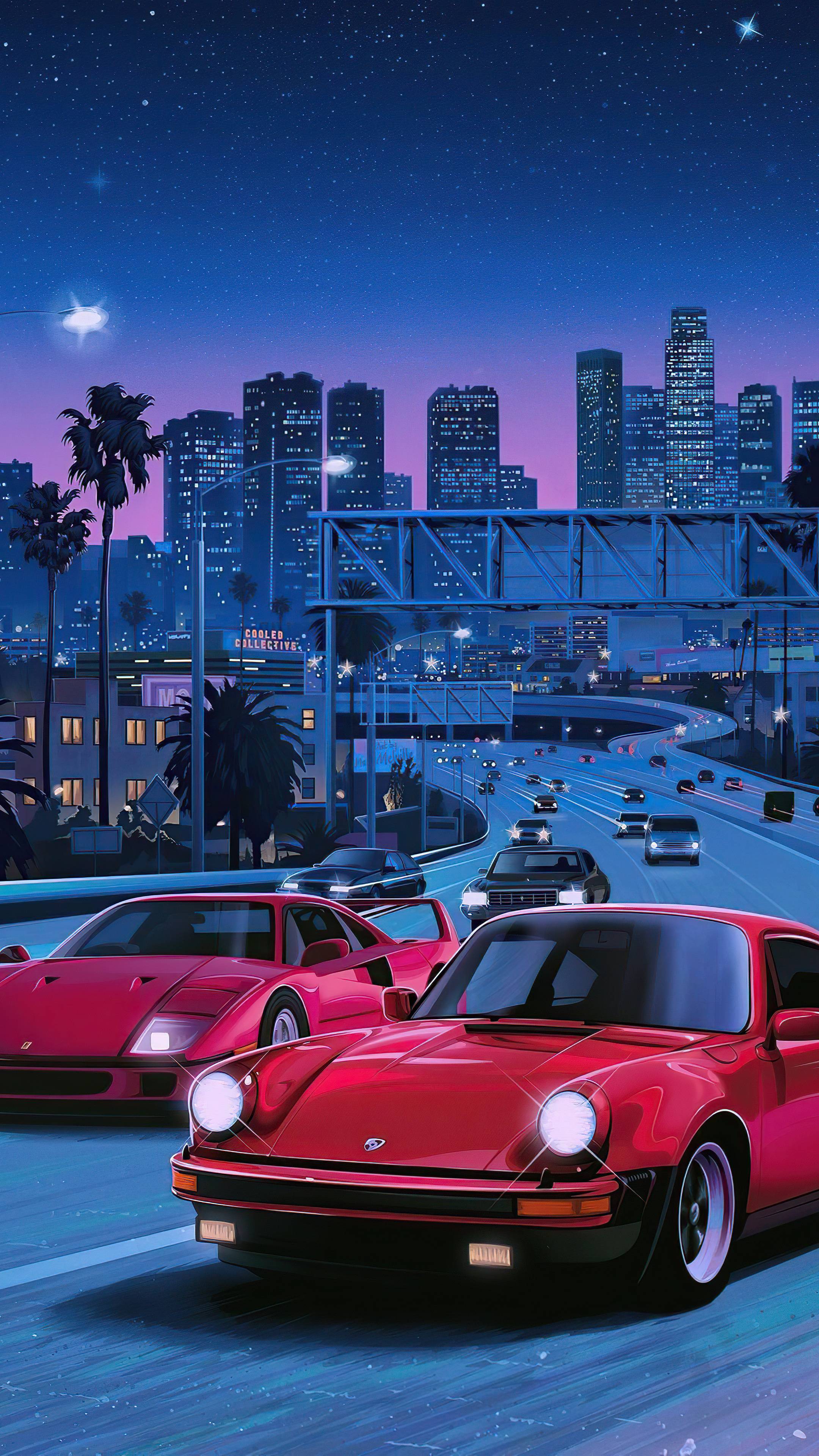 Red sports cars on a city street at night - 80s