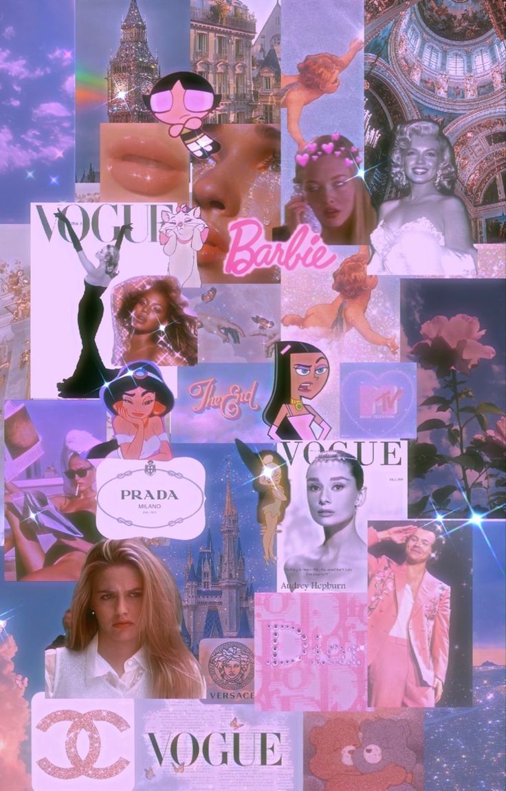 Aesthetic collage with a pink castle, barbie, and vogue magazine - 2000s