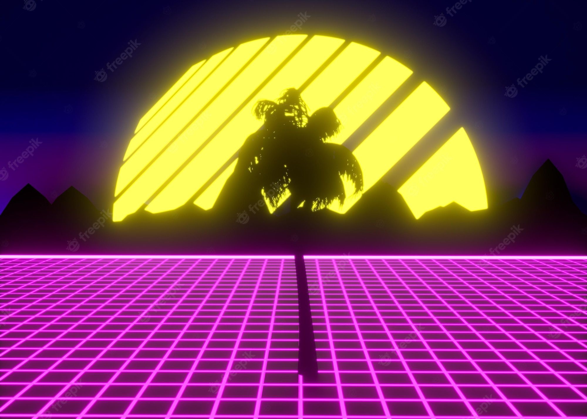 A man with a ponytail standing in front of a neon sunset - 80s