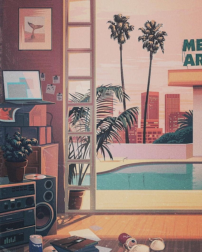 Aesthetic background of a room with a pool and a cityscape - 80s