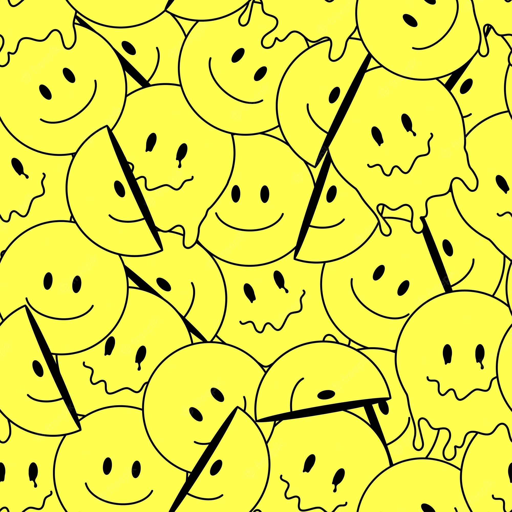 A pattern of smiley faces, some with black tears, on a yellow background - Y2K