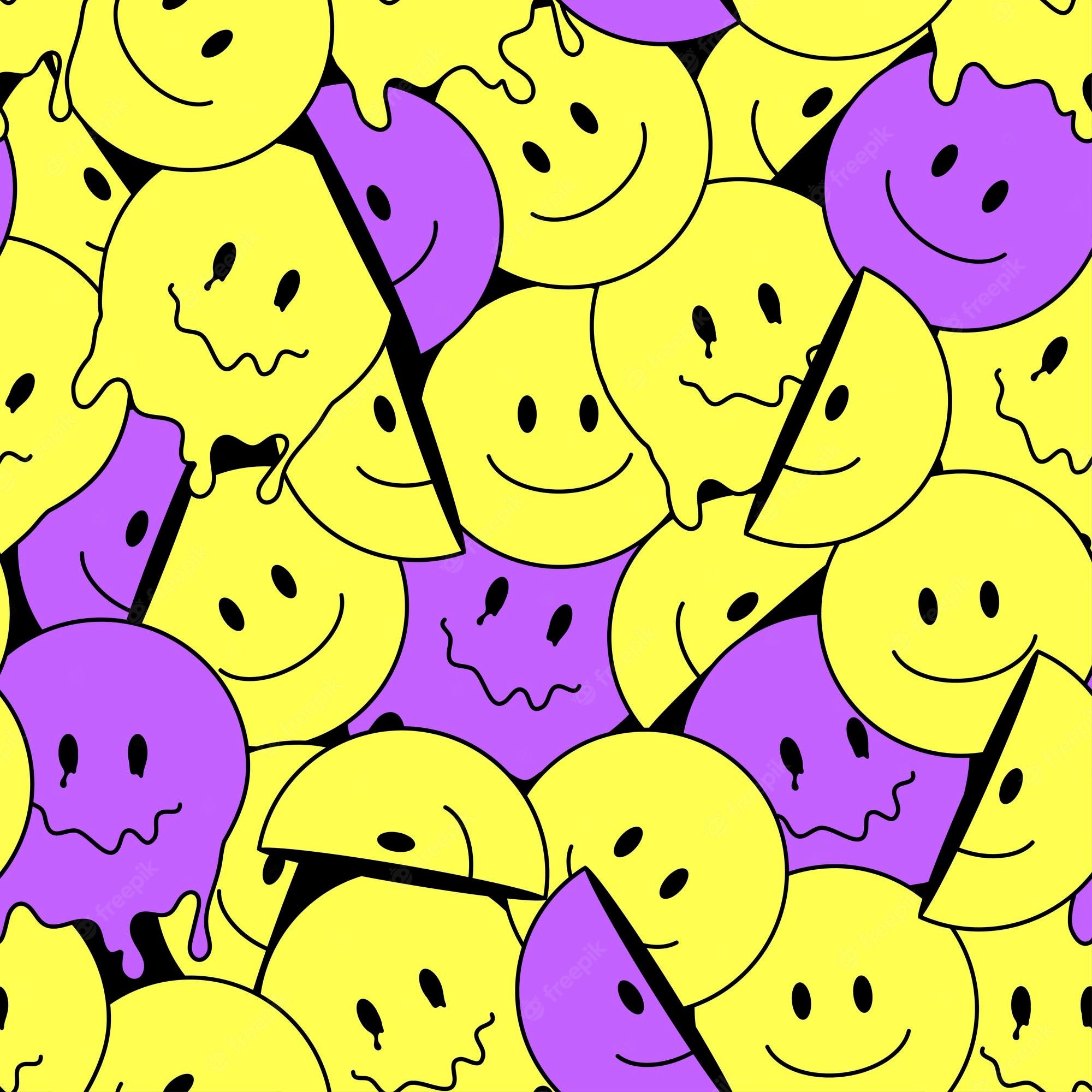A pattern of smiley faces on purple and yellow background - Y2K