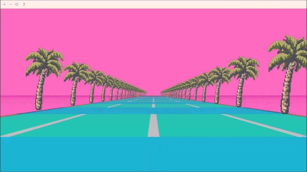 A pink and blue screen with palm trees - Y2K