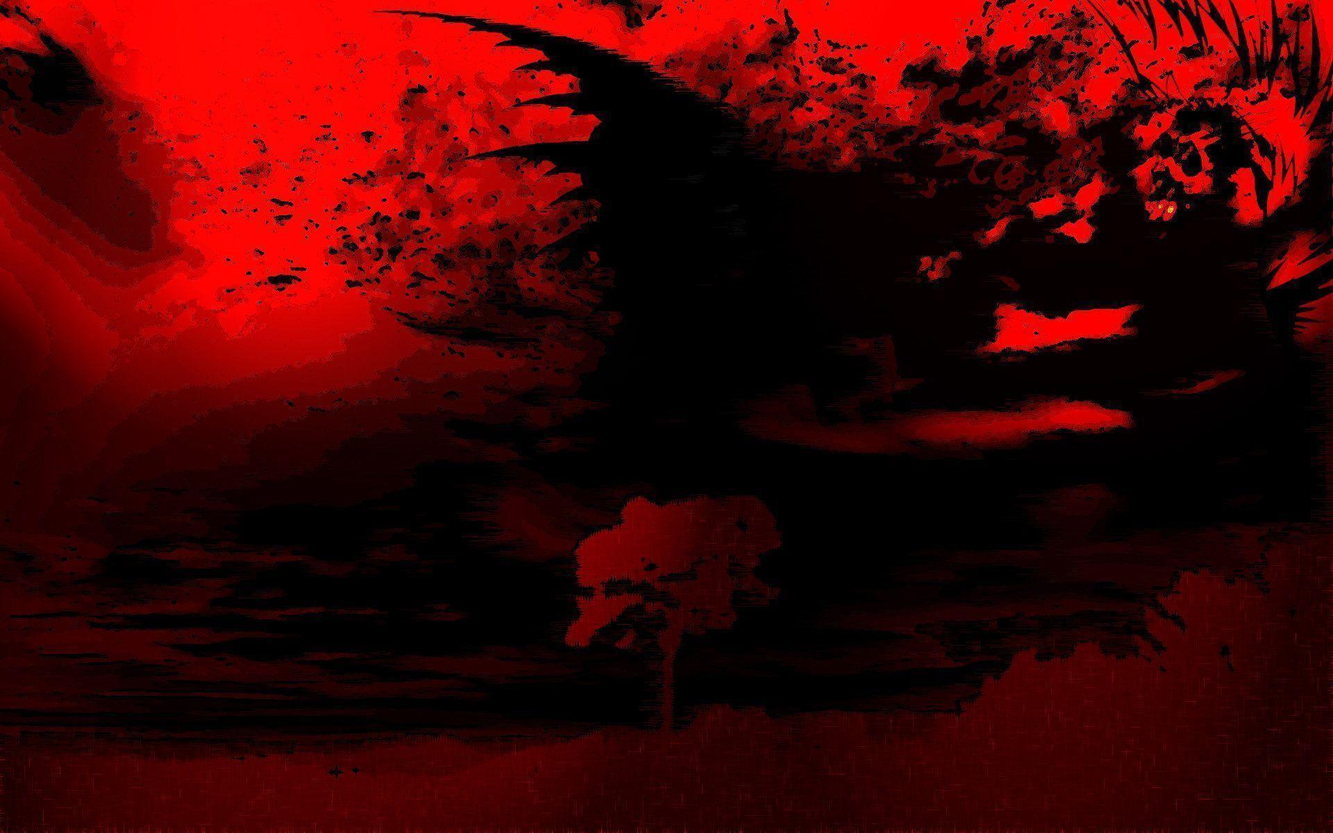 Red and black abstract painting of a bird flying over water - Blood