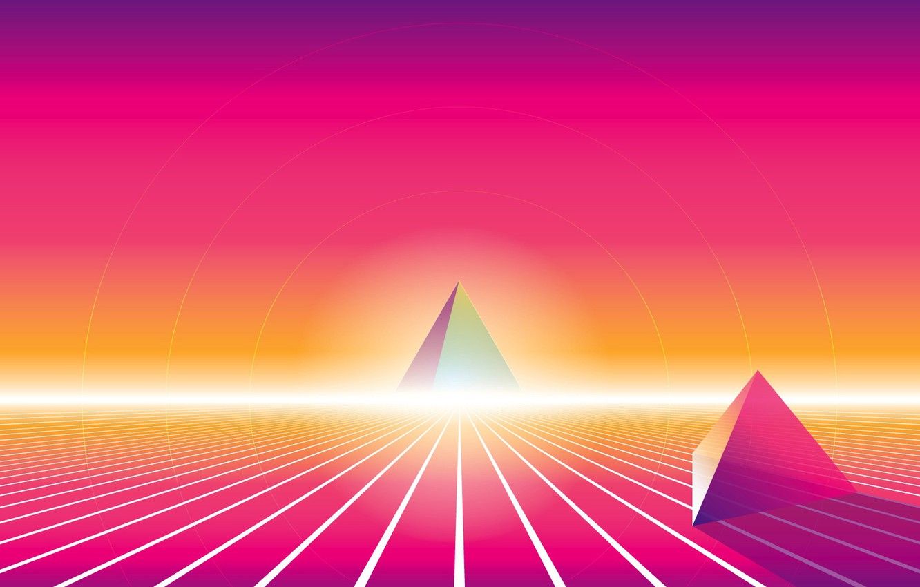 A trippy, colorful background with three pyramids - 80s