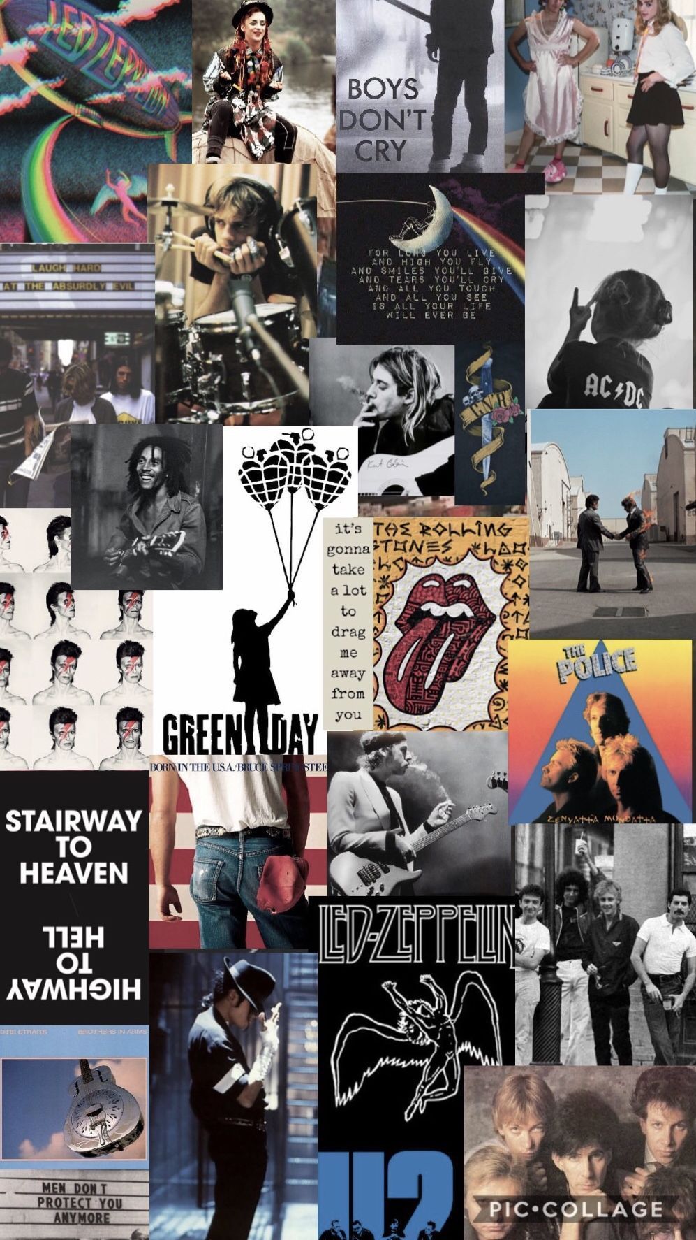A collage of pictures with the words green day - 80s, Broadway, punk