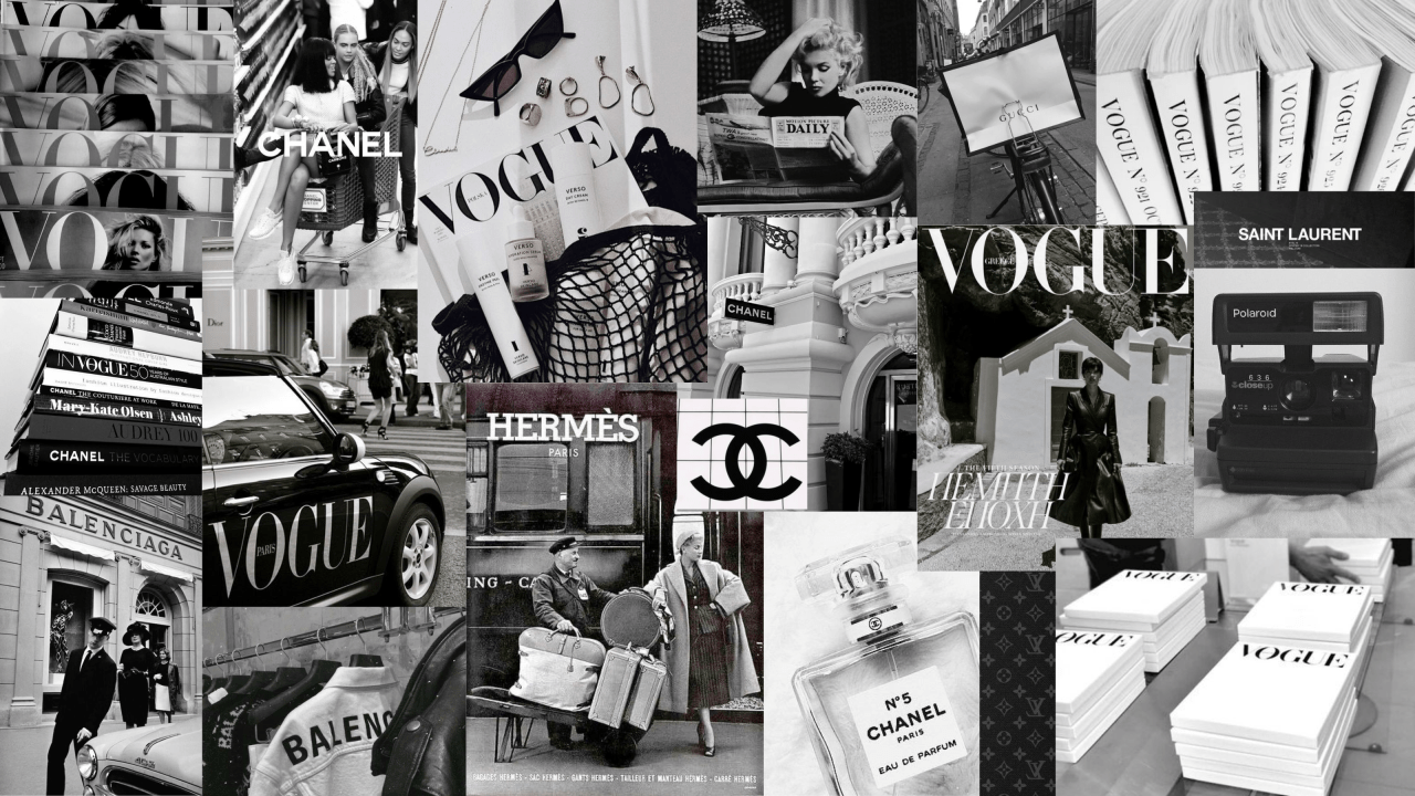 A collage of various vogue magazines and ads - Gray, Polaroid, Chanel, Vogue