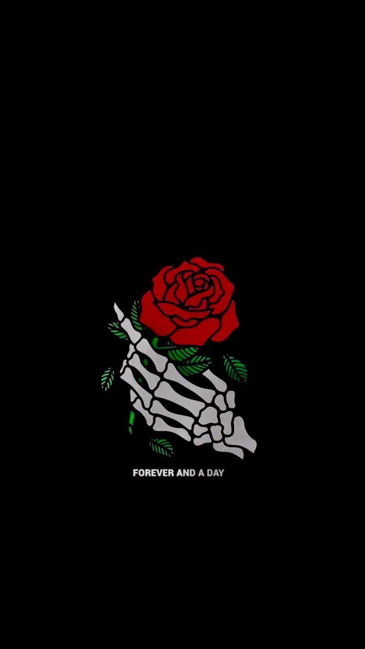 Aesthetic wallpaper for phone with a skeleton hand holding a rose - Gothic