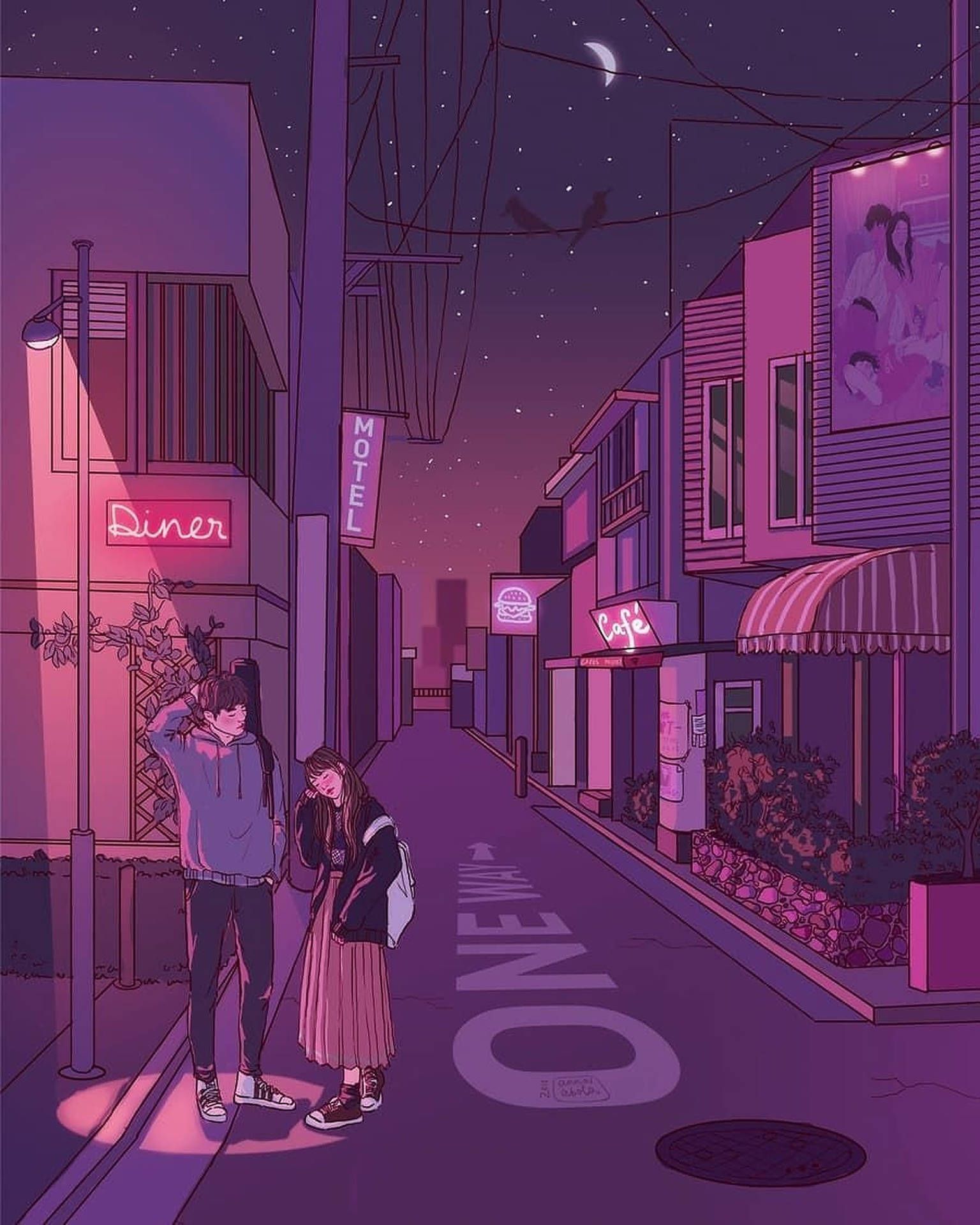 A couple standing on the sidewalk in front of buildings - Anime