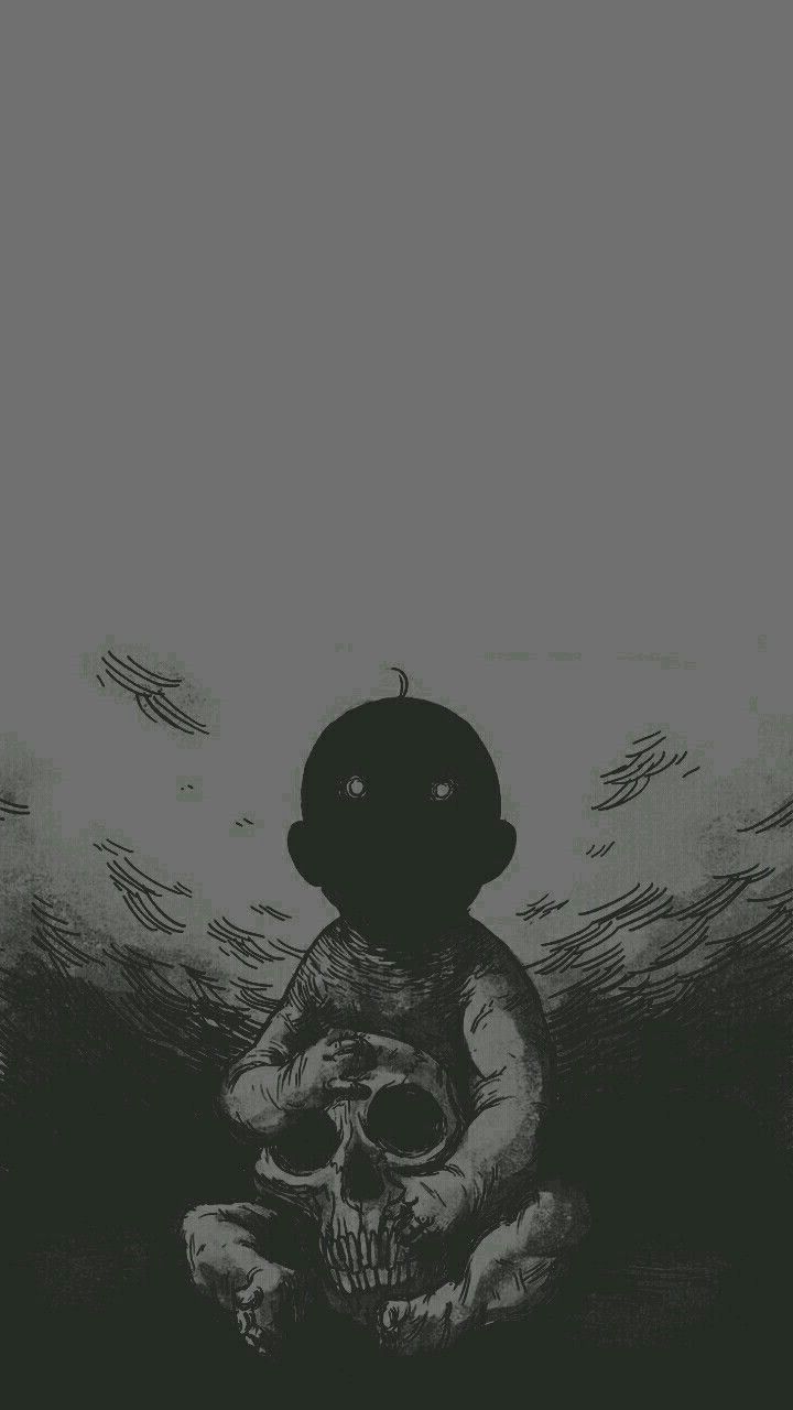 A creepy anime wallpaper of a baby holding a skull - Horror, gothic, creepy