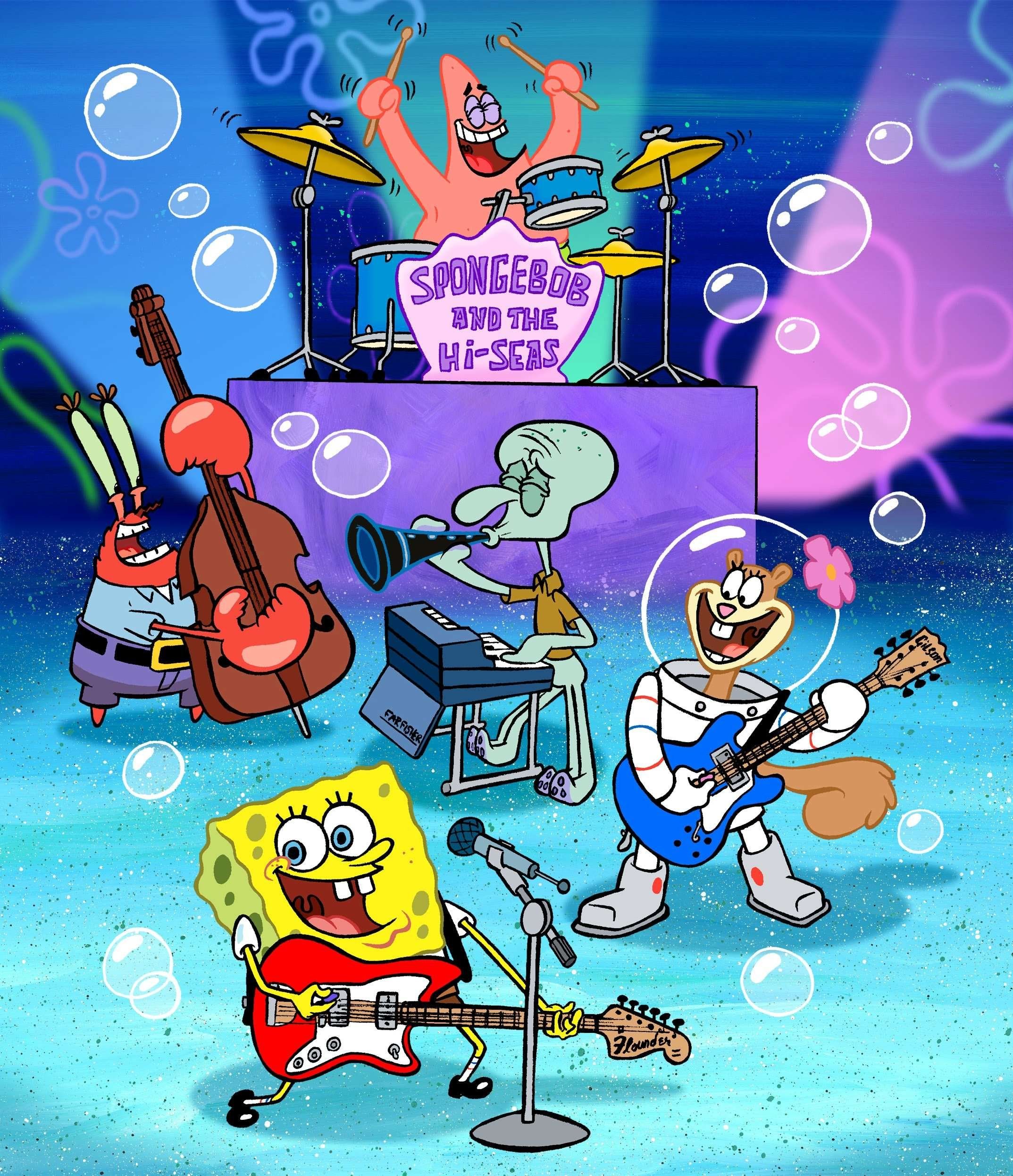 The cover of SpongeBob and the Hi-Seas' album, featuring the band members and their instruments. - SpongeBob