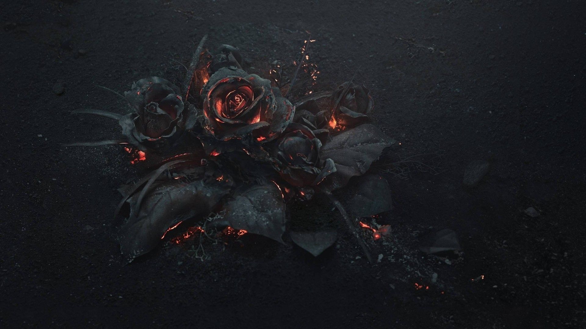 A bouquet of roses, which are covered in ash and flames - Gothic
