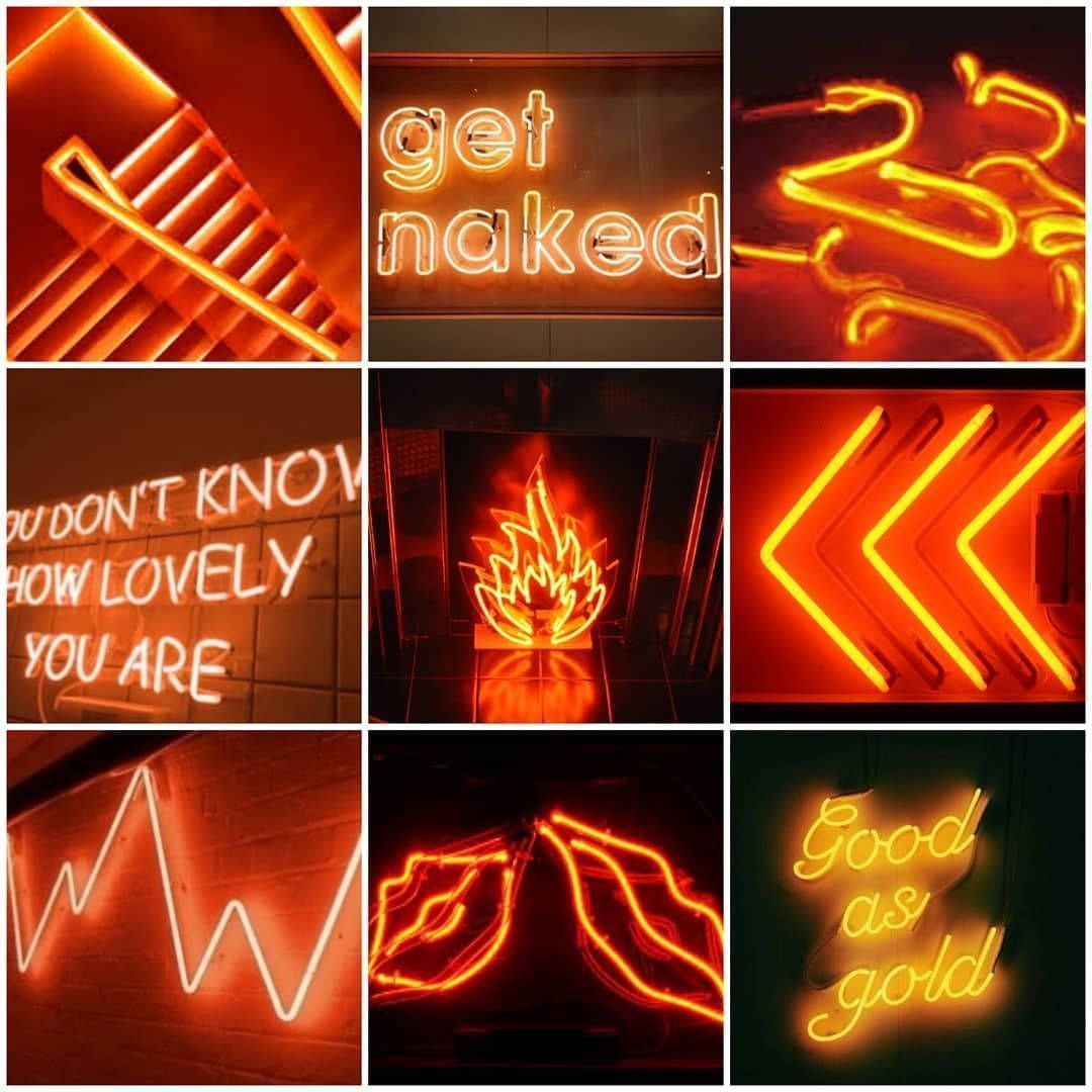 Collage of red and orange neon signs including get naked, don't know how lovely you are, and good as gold - Neon orange, dark orange