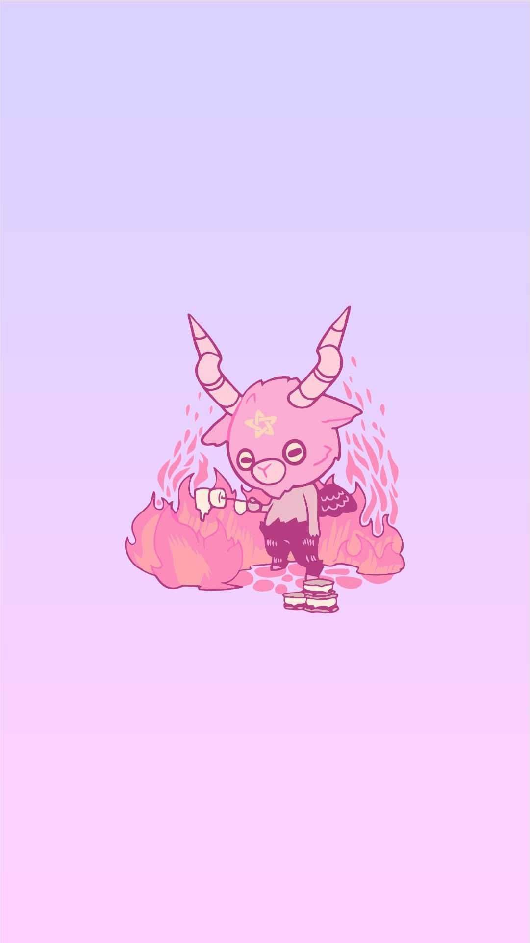 A cute pink goat with horns and a star on its forehead is holding a pink heart - Gothic