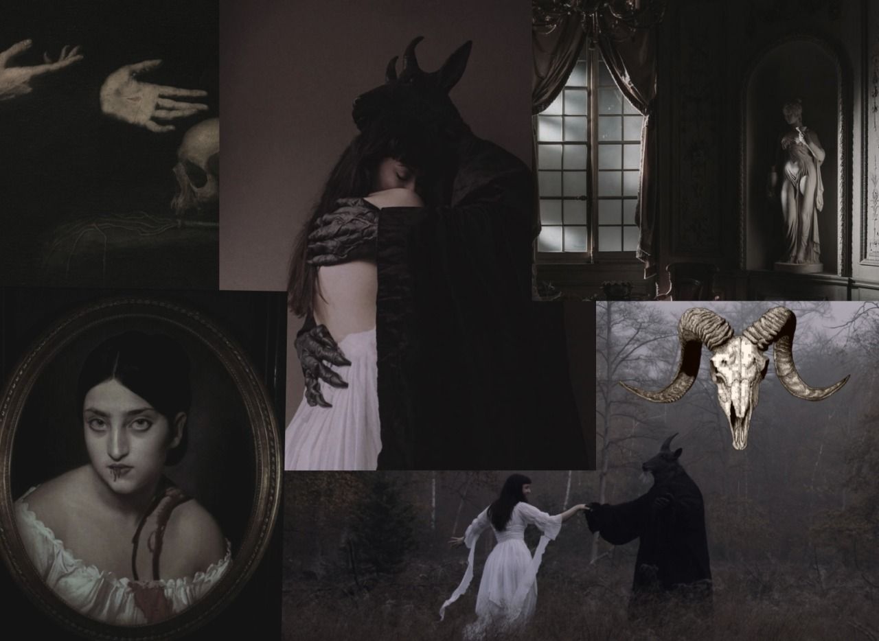 Collage of a dark aesthetic with a woman, horns, and a skull. - Gothic